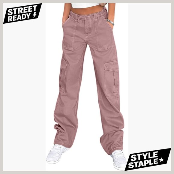 Pants - High Waisted Cargo Pants with 6 Pockets Stretchy Wide Leg Streetwear